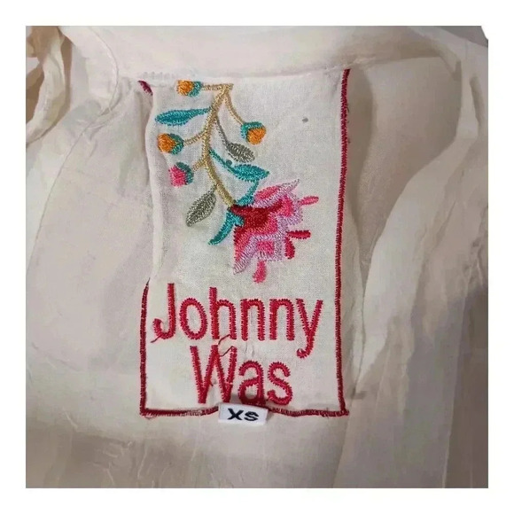 Johnny Was Embroidered  Top Tie Front Ivory Floral Rayon Short Sleeve Women's XS - Picture 5 of 6